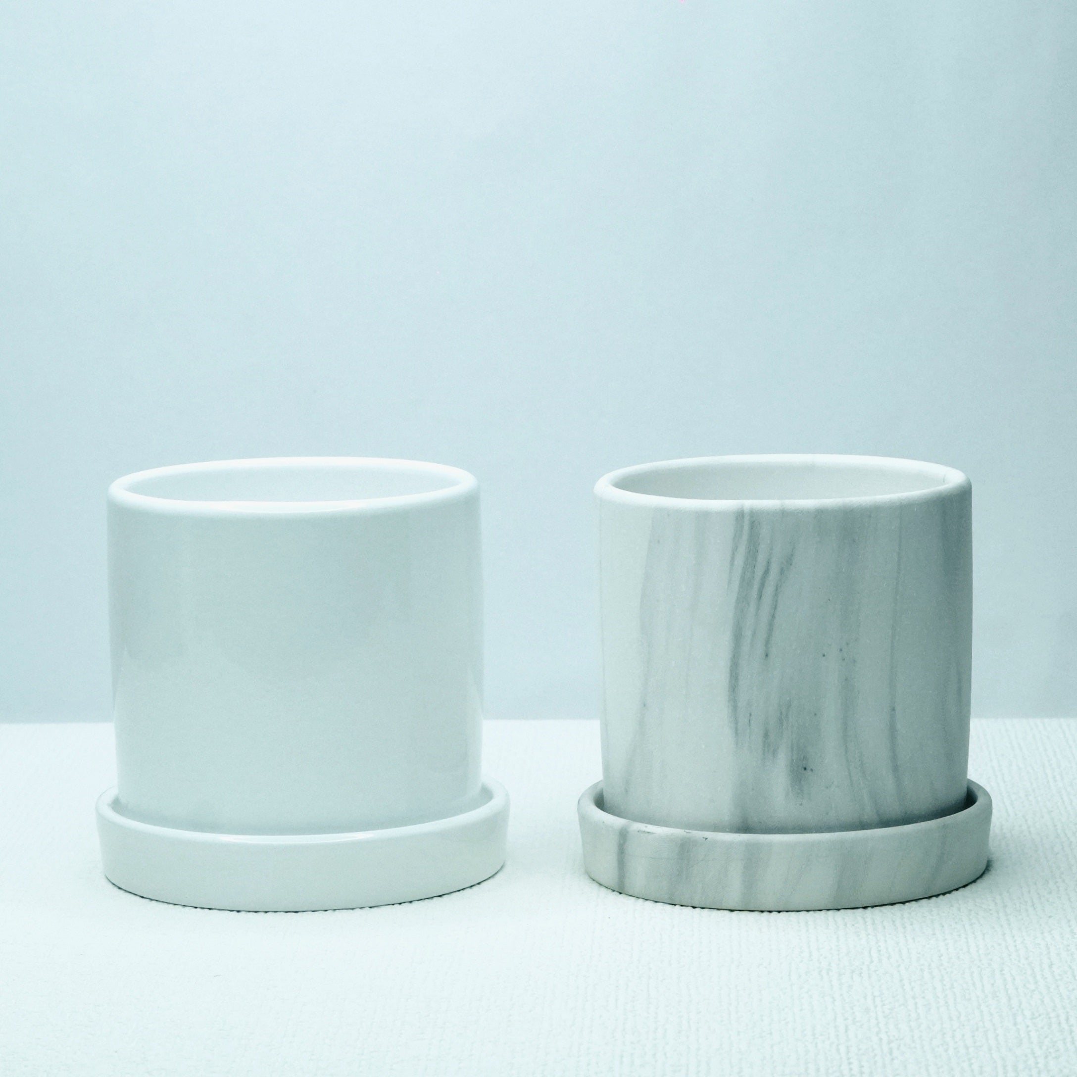 Set of 2 Glossy White & Marble Finishing Ceramic Pots 4 inch
