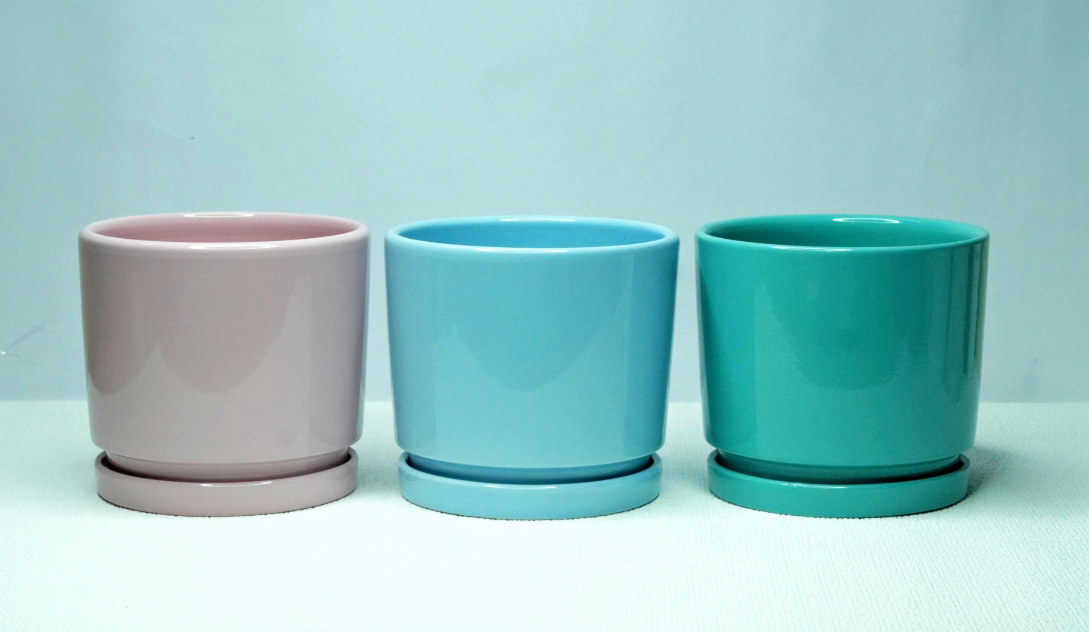 Set of 3 Glossy Baby Pink, Sky Blue, Teal Ceramic Pots 5 inch